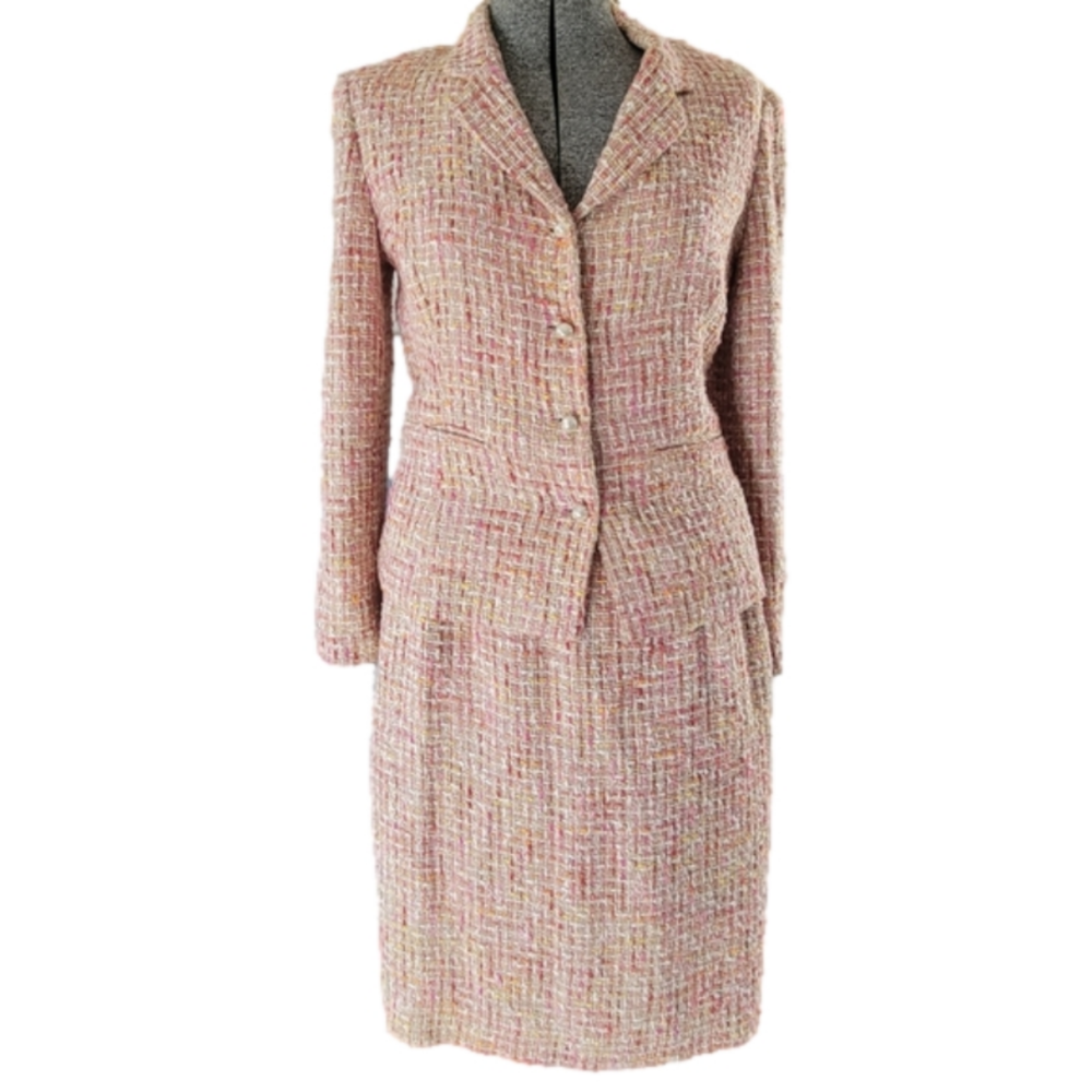Paule Vasseur French Two-Piece Tweed Knit Blazer Skirt Set-Size 42/44